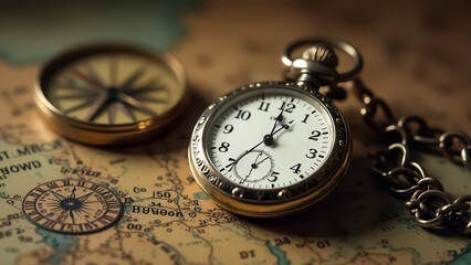  Close-up of an antique clock and compass lying on a vintage map