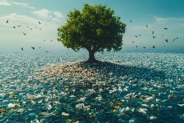 Lone tree stands amidst a field littered with plastic waste, contrasting nature's beauty with environmental pollution under a bright, cloudy sky