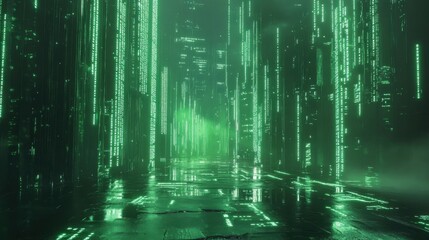Digital Matrix Rain with Cascading Green Neon Code