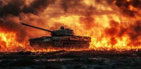 Tank maneuvers through fiery battlefield at sunset during intense military exercise