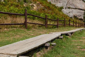 Wooden hiking trail in mountain landscape  Long wooden footpath elevated above grassy terrain, bordered by a rustic wooden fence and surrounded by ferns and rocky cliffs under natural daylight