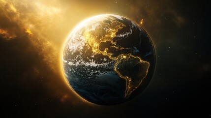 Fototapeta premium A globe-themed world map with realistic Earth textures, floating in space with a sunlit glow