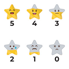 Star rating emoticons from 0 to 5 stars. Each star has a different expression. Perfect for feedback forms, surveys, reviews, and customer satisfaction evaluations.