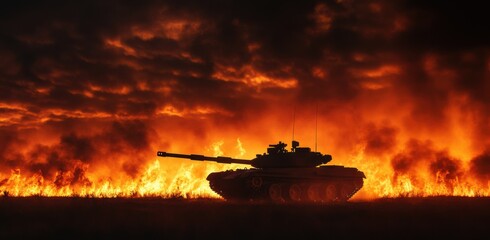 Tank stands alone amidst a fierce wildfire at sunset in a dramatic battle landscape