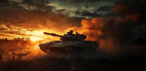 Military tank maneuvers through a smoky battlefield at dusk with vibrant sky colors in the background
