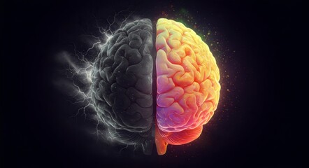 A brain split into two – one half chaotic and stormy, the other calm and colorful, symbolizing the balance of mental health