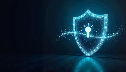 Fototapeta premium Glowing blue shield with lightbulb against dark background, concept for data protection