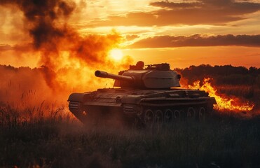 Historic tank battles during sunset with dramatic clouds and smoke in a war-torn battlefield