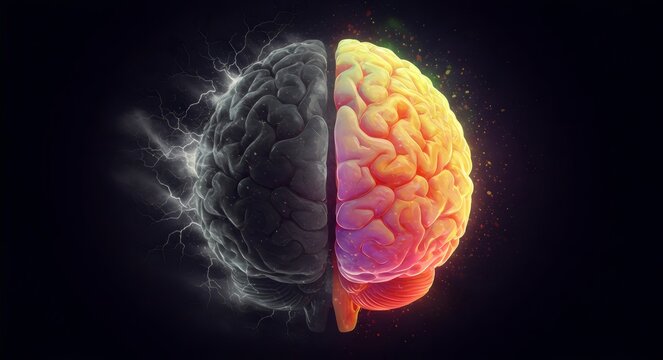 A brain split into two – one half chaotic and stormy, the other calm and colorful, symbolizing the balance of mental health