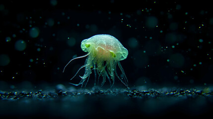 Obraz premium Glow Jellyfish Floating In Dark Water With Light Particles Illuminated Background