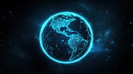 Obraz premium Earth icon with neon blue outlines of continents against a dark background