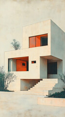 Modern minimalist house beige walls orange windows staircase