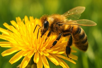 A close-up of a bee collecting nectar from a vibrant yellow flower