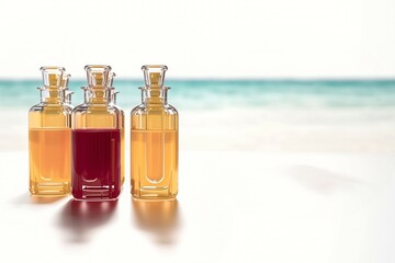Three glass bottles filled with colorful liquids against a serene beach backdrop.