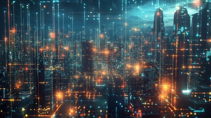 Fototapeta premium A glowing neural AI network extending across a futuristic city, symbolizing intelligent communication between machines and humans