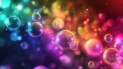 A glowing rainbow bubbles background with multicolored orbs radiating light in a cosmic setting.
