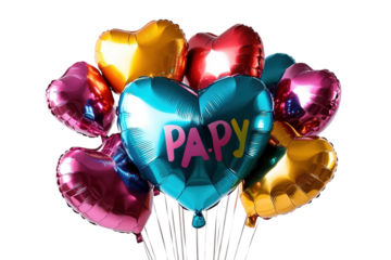Colorful heart shaped balloons celebrating Papys birthday a festive bunch with vibrant metallic sheen on transparent background