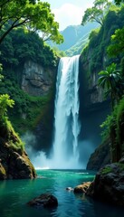 Fototapeta premium Majestic waterfall cascading through lush tropical foliage, Thailand, Tranquil