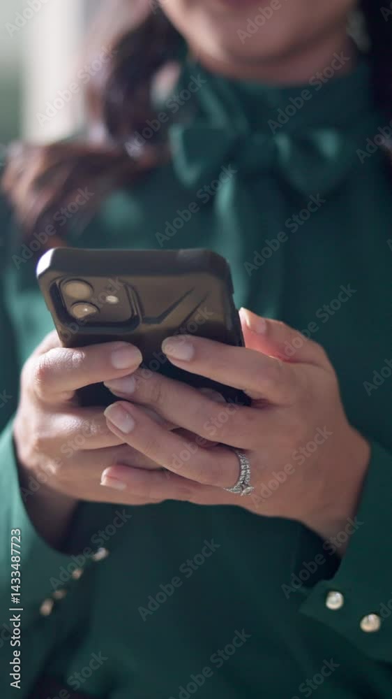 Poster business woman, hands and typing with smartphone in office for client chat, email response and netwo