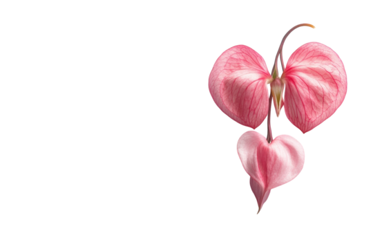 Delicate pink bleeding heart flowers on black background showcasing intricate details and soft light on transparent background
