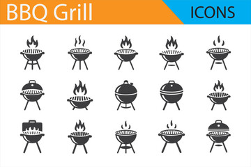 Various BBQ Grill Designs and Tools Icons for Outdoor Cooking and Grilling