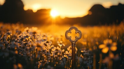 A Decorative Key Stands in a Sunny Field of Wildflowers