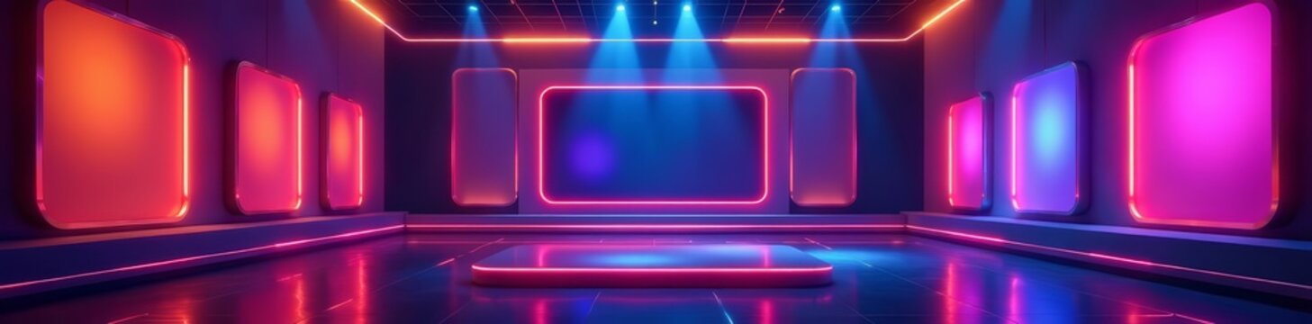 Modern TV set design with colorful lighting effects, dynamic, entertainment