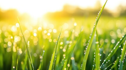 Fototapeta premium The morning sun shines on fresh dewy blades of vibrant green grass