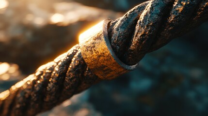 Close up view of a textured weathered rope and ring