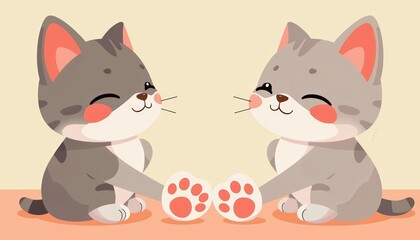 Obraz premium Cute cartoon cats with paws forming a heart shape, minimal flat design, sweet, copy space