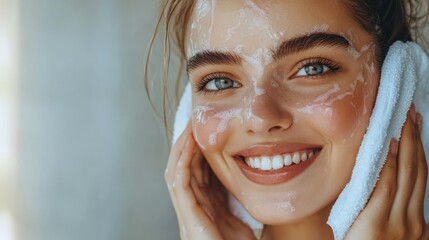Caucasian woman smiles, her face washed with cleanser, towel in hand, embracing beauty routine.