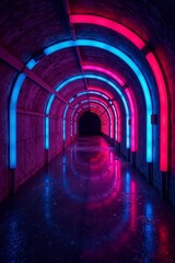 Fototapeta premium Neon lights glowing in a dark tunnel, abstract background, neon, illuminated, abstract