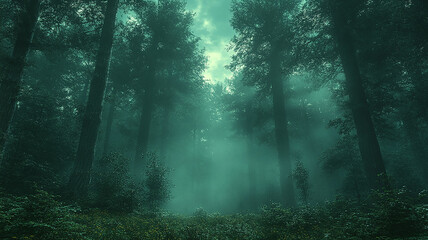 Forest Trees in Misty Woodland with Sunlight Through Fog and Dense Green Plants