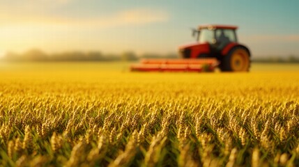 Fototapeta premium Sturdy agricultural tractor positioned in a lush green field ready for work under clear blue sky