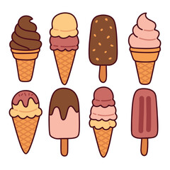 Eight frozen treats including ice cream cones and popsicles in chocolate, strawberry, and vanilla flavors
