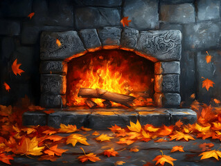 Obraz premium Cozy stone fireplace blazing brightly with autumn leaves scattered around
