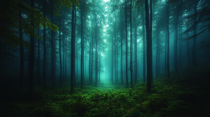 Obraz premium Mystical Forest with Tall Trees, Fog, Greenery, and Light Haze in the Woods