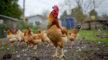 Fototapeta premium Brown Rooster With Hens In Backyard Garden