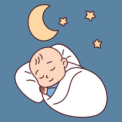 Baby boy wrapped in a soft blanket sleeping peacefully under crescent moon and stars against dark blue night background