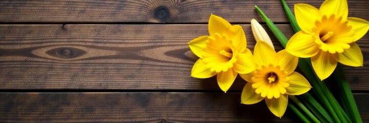 Obraz premium Overhead view of freshly picked narcissus flowers on wooden table, top view, wooden, picked