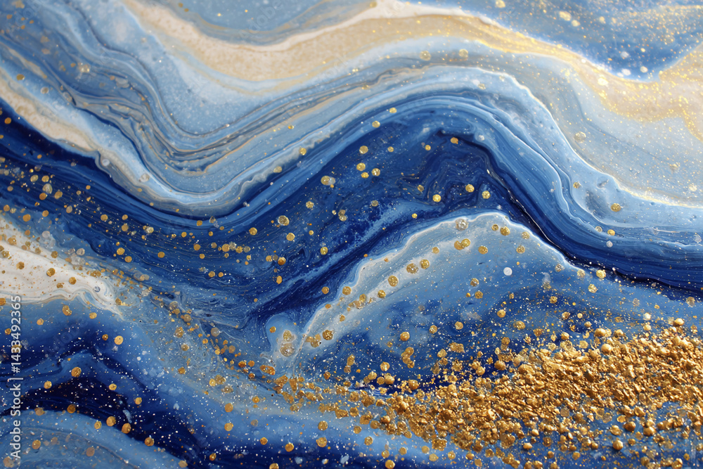 Poster fluid blue and gold abstract art, swirling patterns with glitter, creating a luxurious and elegant d