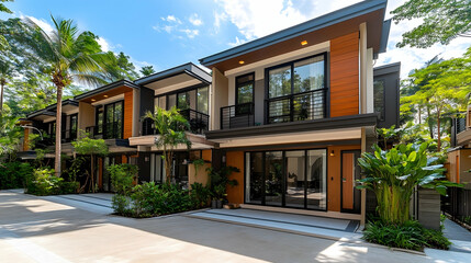 Fototapeta premium Modern townhouses nestled amongst lush tropical greenery Large windows private balconies