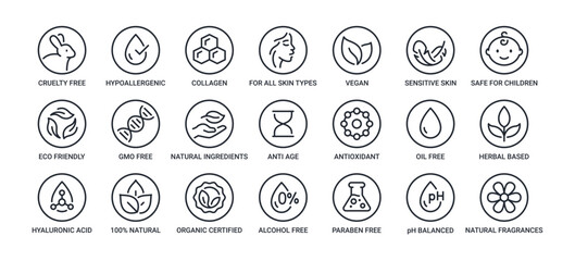 Organic, natural, vegan, cruelty free, collagen, anti age,   antioxidant cosmetic editable stroke outline icons set isolated on white background flat vector illustration. Pixel perfect. 64 x 64.