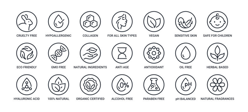Organic, natural, vegan, cruelty free, collagen, anti age,   antioxidant cosmetic editable stroke outline icons set isolated on white background flat vector illustration. Pixel perfect. 64 x 64.