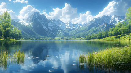 Scenic Lake with SnowCapped Mountains, Clear Sky, Forest, Grass, Water Ripples