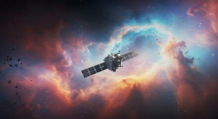 Satellite soaring through vibrant nebula space exploration communication technology innovation cosmic journey future science discovery