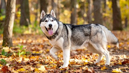 Obraz premium Siberian Husky on a Forest Walk in Autumn