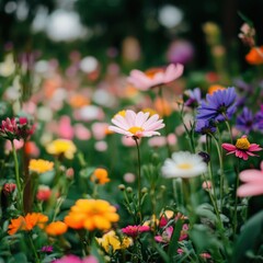 Obraz premium A colorful field of wildflowers blooming under soft natural light