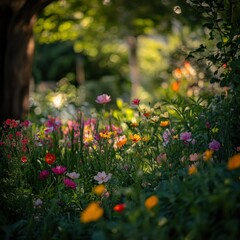 A vibrant collection of colorful wildflowers blooms in a sunlit garden