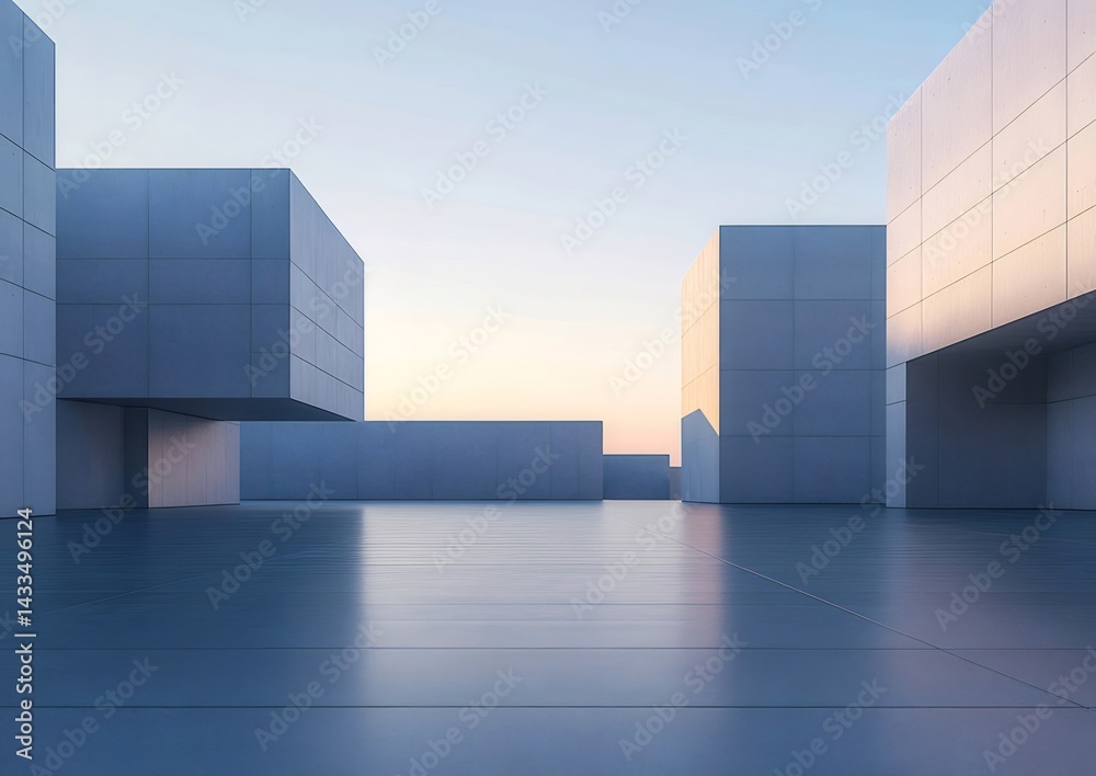Poster 青い空と立方体構造が特徴のモダン建築デザイン シンプルな幾何学模様と光と影による洗練された都市景観